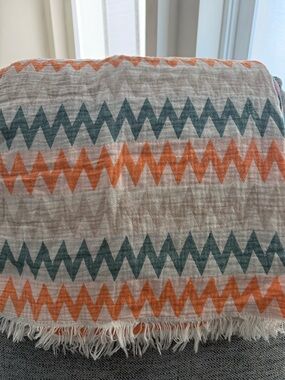 Hand Loomed Turkish Towel/ Throw-Chevron Fringe Throw in Orange, Beige and Teal